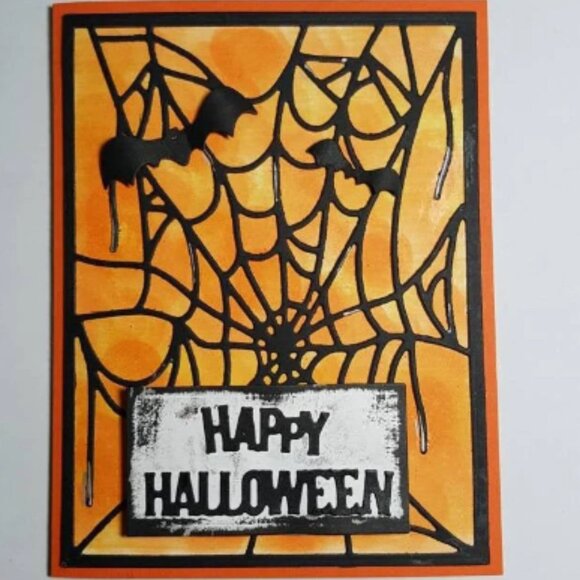 Happy Halloween Spider Webs and Bats Note Card - Orange & Black, Die Cut & Stamp - Picture 2 of 3